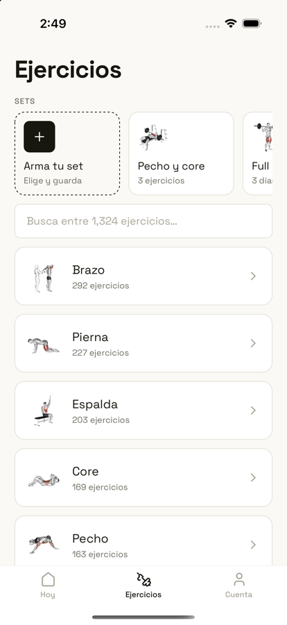 Biblioteca de ejercicios con sets y categorías
