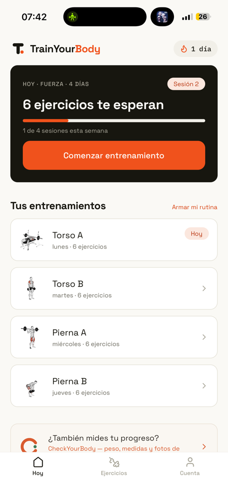 Pantalla principal con la racha y tus entrenamientos